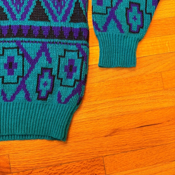 Vintage 80s Geometric Aztec Knit Sweater Blue Purple Teal - Picture 6 of 7
